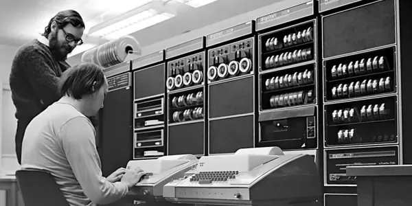 Dennis Ritchie and Ken Thompson working together at a PDP-11
